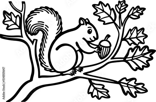 Squirrel holding acorn on tree branch nature wildlife illustration, woodland animal with leaves, autumn forest scene