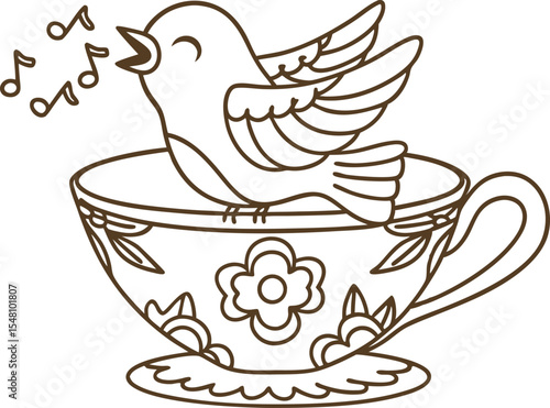 Singing bird perched on ornate teacup decorative floral patterned cup, cheerful melody, outline drawing, nature motif