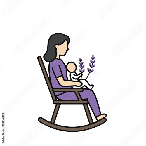 A tender illustration depicting a mother cradling her baby and enjoying a moment of tranquility with lavender plants.