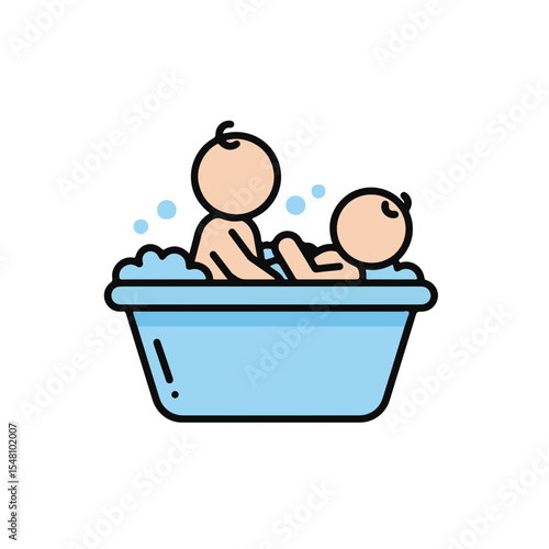 A cartoon of two babies taking bath in a blue tub filled with bubbles.