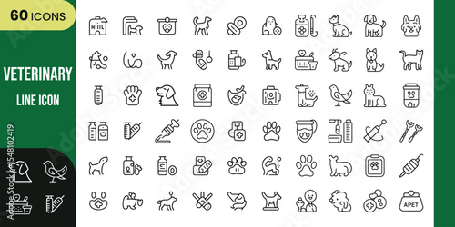 Clean and minimal veterinary line icons featuring pets, medical tools, and care symbols for clinics, apps, or health materials.