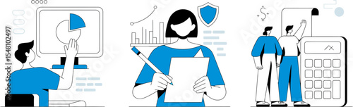 Illustration of business figures analyzing data and financial calculations