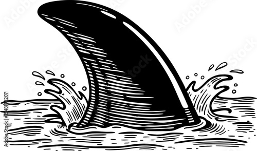 Shark fin emerging from water ocean predator, danger concept black and white line art illustration