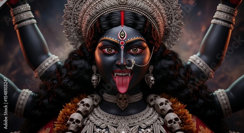 Close-up of fierce Goddess Kali with black skin, red tongue and skull necklace