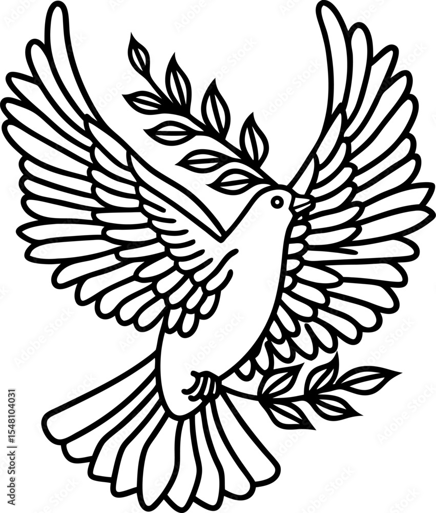 Fototapeta premium Dove carrying olive branches in flight outline black and white bird symbolizing peace and hope, linear illustration
