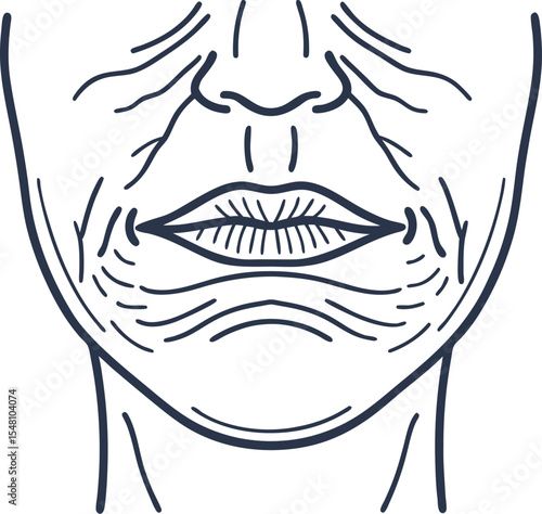 Aging face illustration, close up of lips and wrinkles mature skin details, facial lines and texture concept