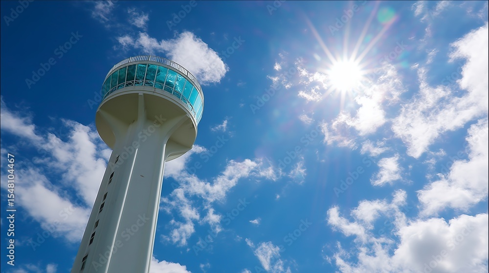 Bright sun shining over a modern lighthouse against a clear blue sky with scattered clouds Bright sun shining over a modern lighthouse against a clear blue sky with scattered clouds