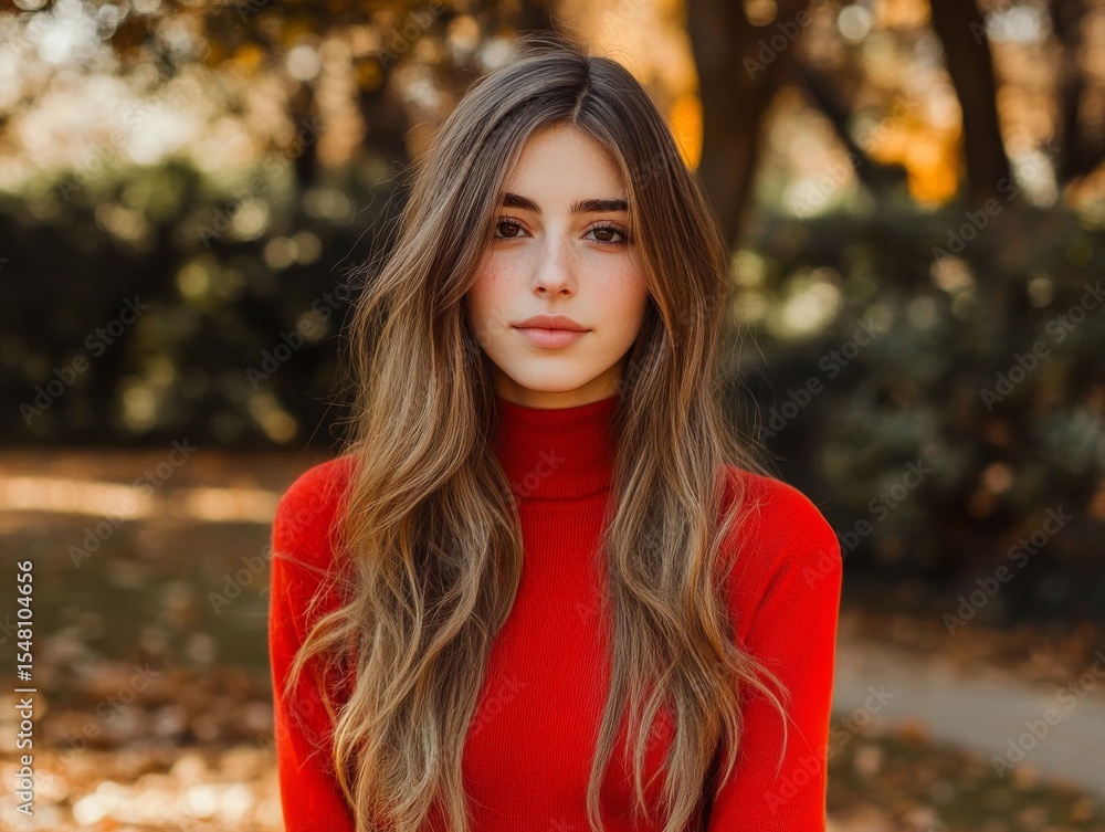 Autumn Portrait Girl in Red Turtleneck with Freckles,Beauty , Fashion Autumn Portrait Girl in Red Turtleneck with Freckles,Beauty , Fashion