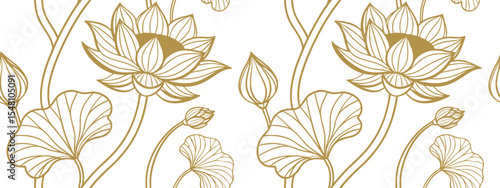 Elegant lotus flower seamless pattern in golden line art style. Hand-drawn floral illustration perfect for wallpapers, fabric prints, and decorative backgrounds. Ideal for luxury and nature designs.