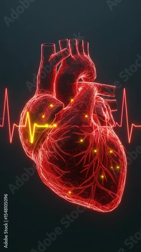A vibrant, 3d rendering of the human heart with an electrocardiogram on a dark background.