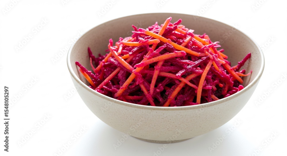 Fototapeta premium 彩り鮮やかビーツとニンジンの細切りサラダ 自然光で輝く野菜の瑞々しさ. AI Generated