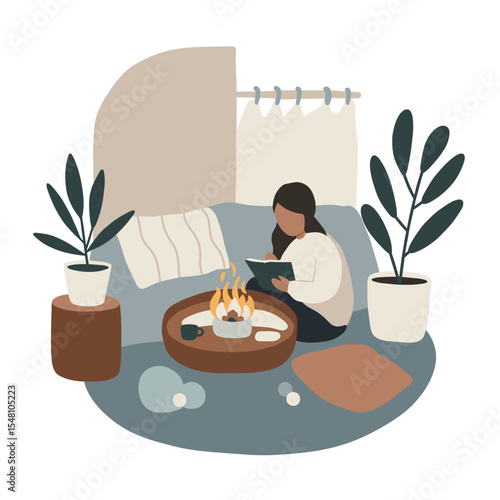 Woman reading by indoor firepit in cozy room, flat vector illustration