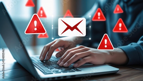 Person using laptop receives email error message with multiple red warning alerts