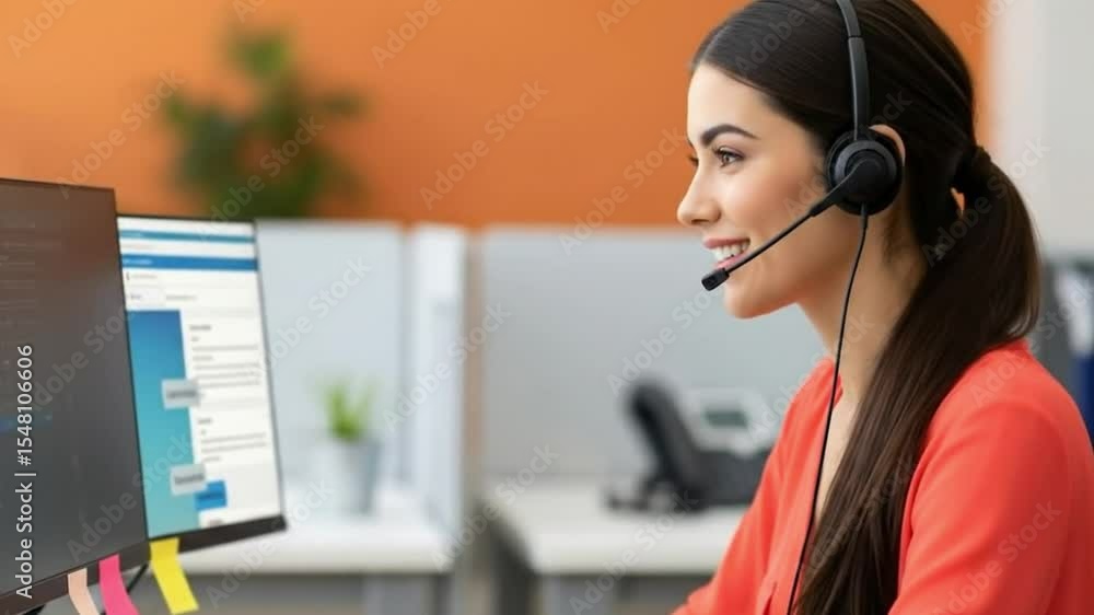 Female call center agent communicating with people online. Customer service agent answering calls on computer. Helpdesk worker consulting with a client. Telecom operator having virtual conversation