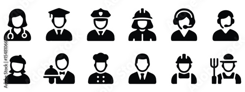 Professional occupation silhouette icons including doctor, chef, firefighter, police officer, and construction worker