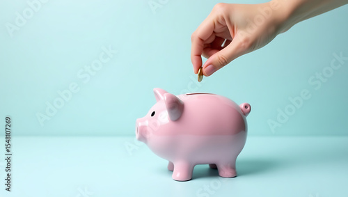 Woman's hand dropping gold coin into pink piggy bank on blue background