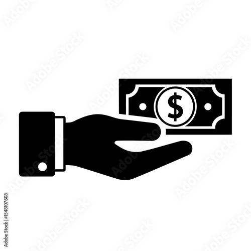 A black and white illustration of a hand holding a dollar bill with a dollar sign on it icon
