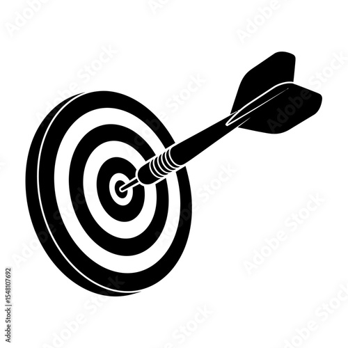 Black and white dart hitting the bullseye on a target with concentric circles on a white background