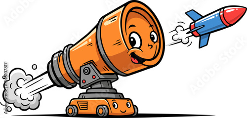 Cartoon Cannon Character Firing a Rocket with a Cheerful Expression and Smoke Trail