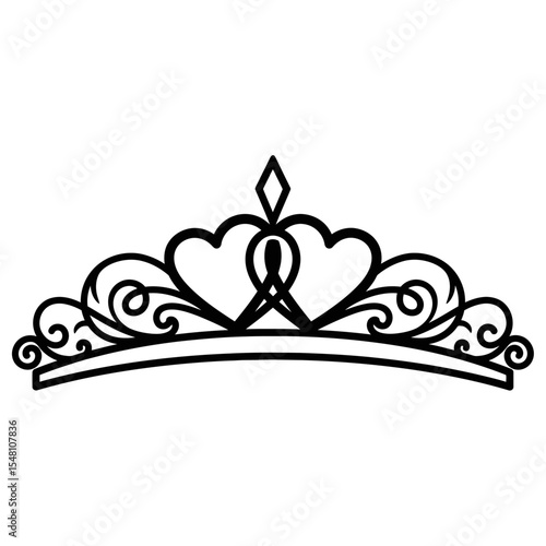 Black and white line art illustration of a tiara with heart shapes and diamond accent design