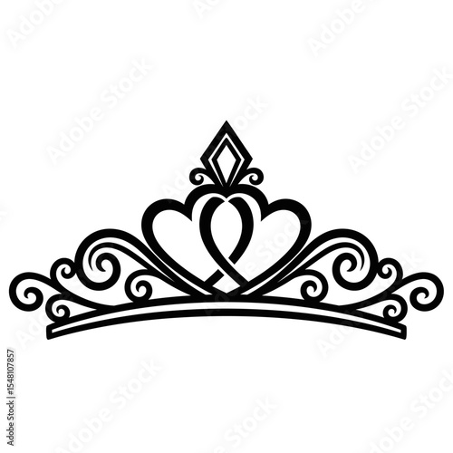 A black and white graphic illustration of a tiara with heart shapes and scroll designs on a white background