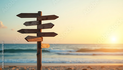 Wooden signpost with multiple directions on sandy beach at sunset