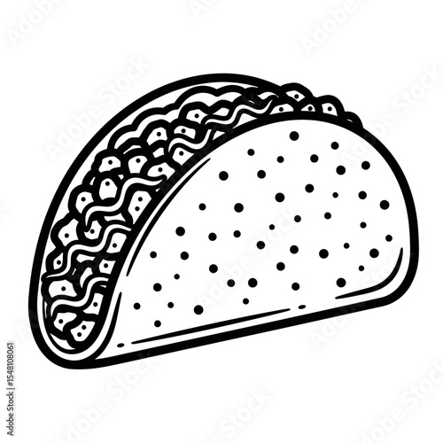 A black and white line art illustration of a taco with visible filling and dotted shell pattern