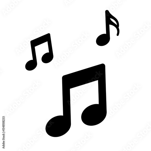 Three black musical notes of varying sizes on a white background in a simple graphic design style