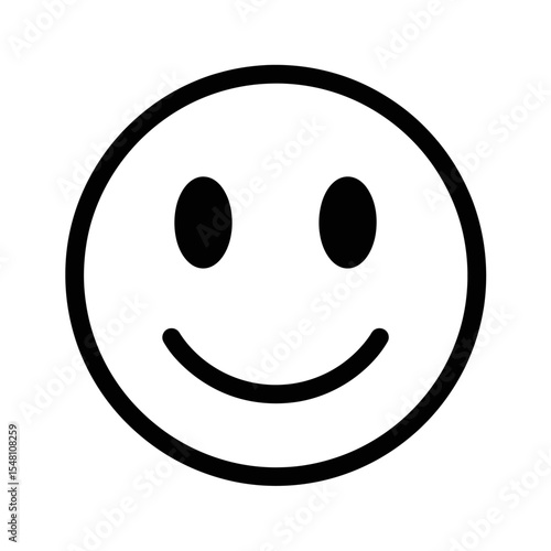 A simple black and white drawing of a smiley face with a round head and a curved line for a mouth