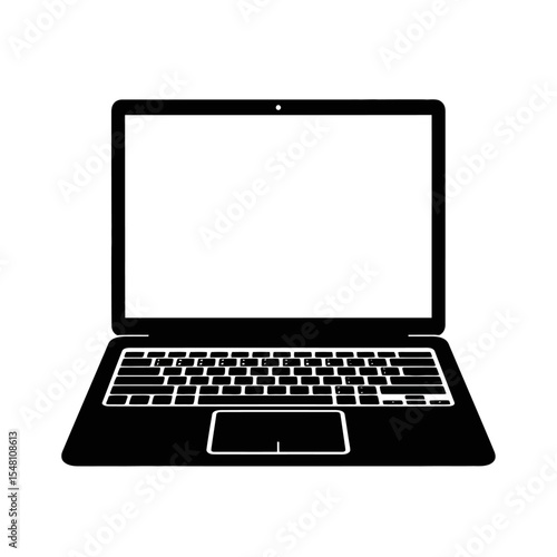 A black and white graphic of a laptop with a blank screen and a visible keyboard and touchpad area