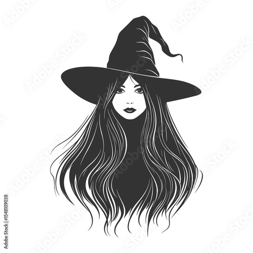Witch Woman Silhouette with Long Hair and Hat Vector Illustration