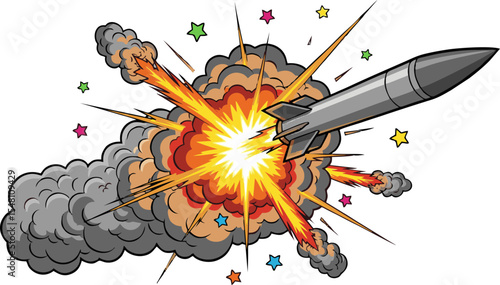 Cartoon Rocket Exploding with Fiery Blast and Colorful Star Accents