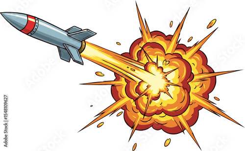 Cartoon Rocket Launching Towards a Massive Explosive Fireball