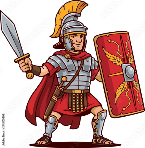 Cartoon Roman Centurion Ready for Battle with Sword and Shield