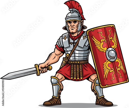 Cartoon Roman Legionary with Gladius and Red Shield Adorned with Golden Eagles