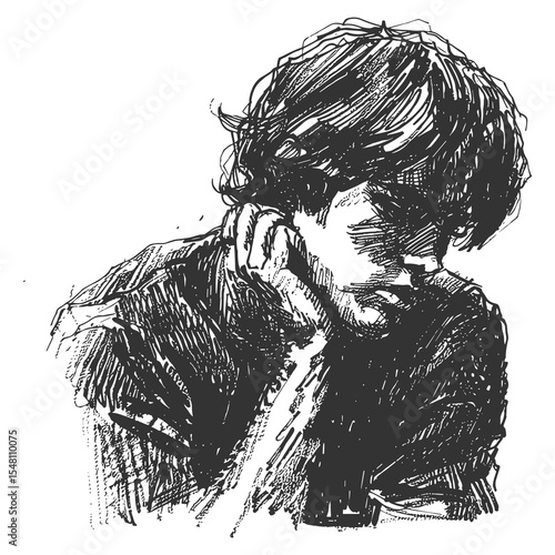 Melancholic Boy Sketch – Crosshatch Ink Drawing with Hand on Face