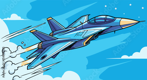Cartoonish Jet Fighter Soaring Through Blue Sky with Clouds and Stars