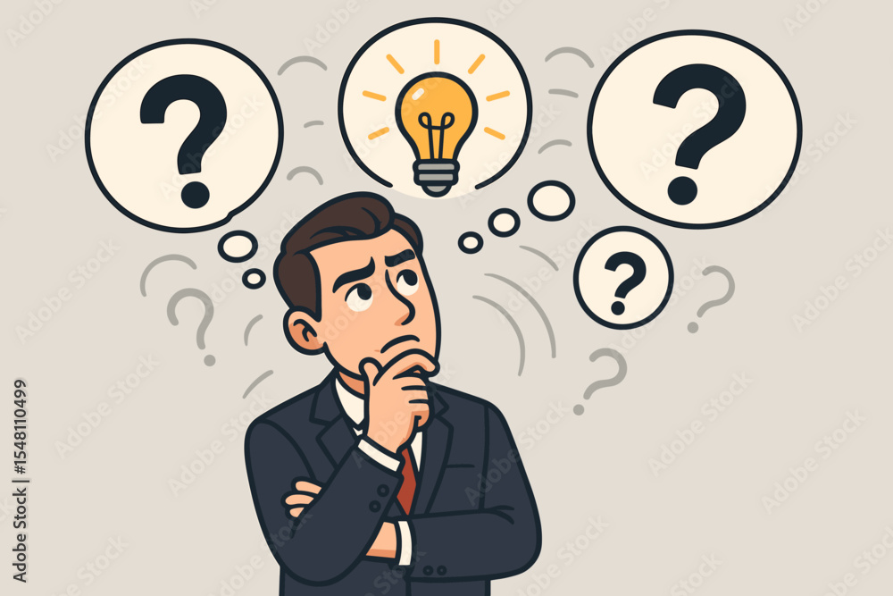 Businessman contemplating solutions illustration. Professional thinking with question mark thought bubbles, light bulb idea symbol, brainstorming, decision making, creativity, analysis Businessman contemplating solutions illustration. Professional thinking with question mark thought bubbles, light bulb idea symbol, brainstorming, decision making, creativity, analysis