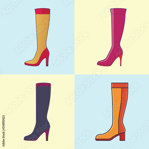 Thigh High Boots Flat Style Footwear Vector Illustration