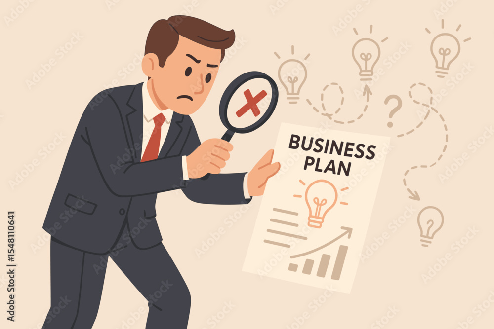 Businessman analyzing business plan with a magnifying glass, searching for errors. Worried entrepreneur finding flaws and mistakes in startup strategy. Concept of risk management and audit. Businessman analyzing business plan with a magnifying glass, searching for errors. Worried entrepreneur finding flaws and mistakes in startup strategy. Concept of risk management and audit.