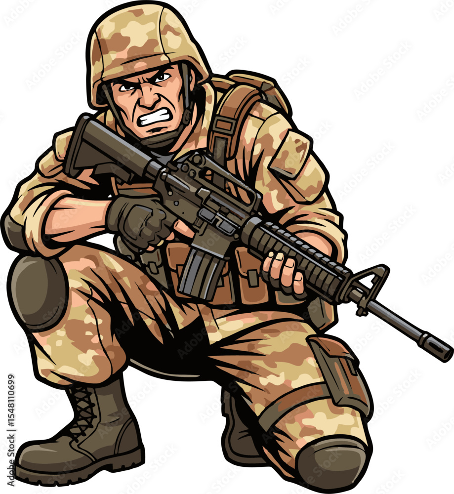 Crouching soldier with intense expression holding rifle in desert camouflage uniform Crouching soldier with intense expression holding rifle in desert camouflage uniform