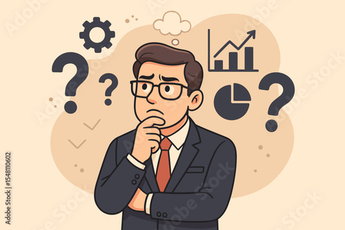 Confused businessman thinking about a business problem. Pensive man analyzing data, charts, and graphs for a solution. Rethinking strategy, decision making, uncertainty concept.