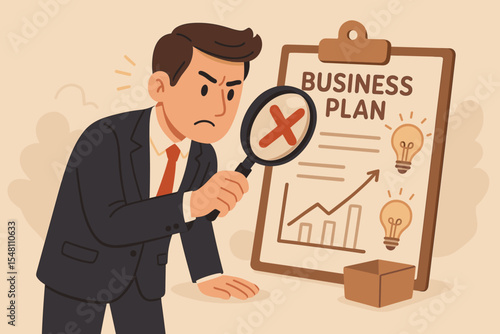 Businessman with magnifying glass finds a mistake in a business plan. Concept of error detection, audit, and quality control. Startup risk assessment and financial strategy analysis.