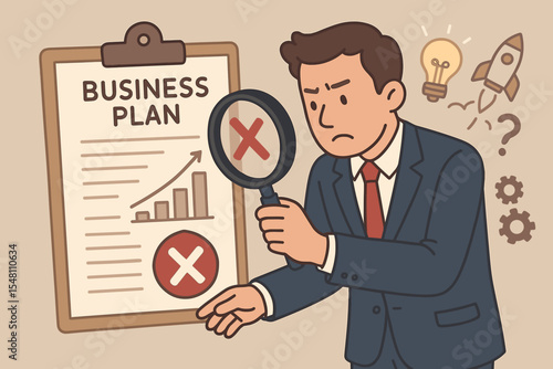 Business plan analysis concept. Entrepreneur with a magnifying glass searching for mistakes and errors in a startup strategy document. Risk management and problem detection vector.