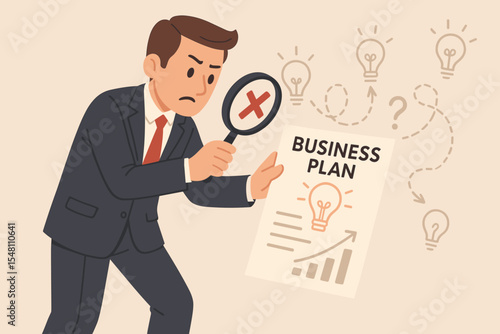 Businessman analyzing business plan with a magnifying glass, searching for errors. Worried entrepreneur finding flaws and mistakes in startup strategy. Concept of risk management and audit.