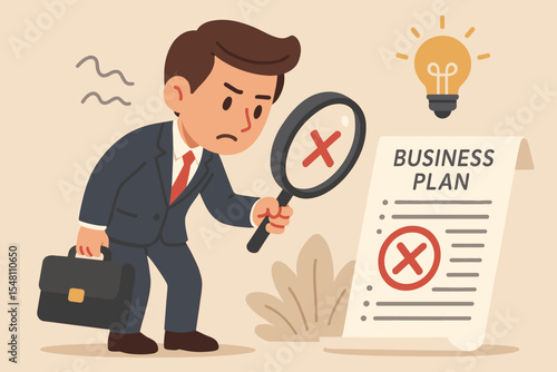 Businessman searching for mistakes in a business plan. Man with magnifying glass finding errors. Startup idea analysis, error detection, business failure concept. Cartoon vector illustration.