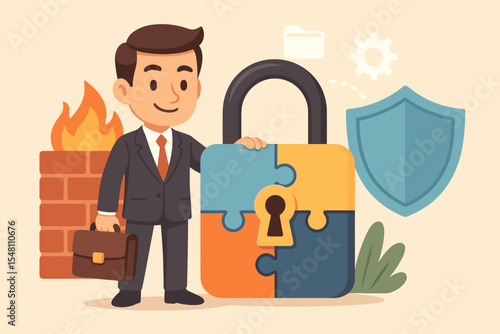 Businessman securing data with puzzle lock in front of firewall concept of cybersecurity protection safeguarding confidential information encryption shield digital security cartoon vector illustration