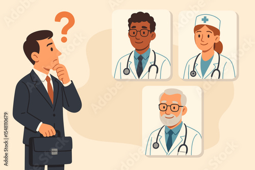 Businessman examining doctor portraits to find the right medical specialist for healthcare consultation. Client choosing doctor profile in medical network decision making vector illustration