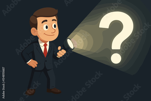 Businessman shining flashlight on glowing question mark, exploring uncertain future, decision making, strategy planning, problem solving, cartoon vector illustration
