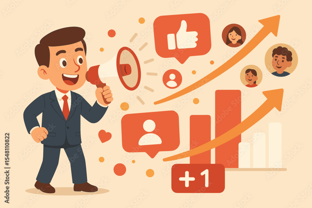 Social media marketing vector illustration. Businessman character with megaphone shouting for promotion, increasing followers and likes. SMM, audience engagement, and growth concept. Social media marketing vector illustration. Businessman character with megaphone shouting for promotion, increasing followers and likes. SMM, audience engagement, and growth concept.